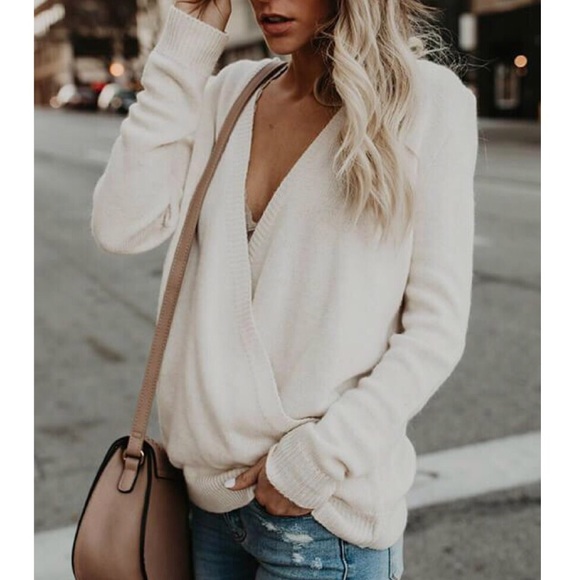 ‘Glamping In Style’ Deep V-Neck Sweater In Beige - Picture 3 of 4